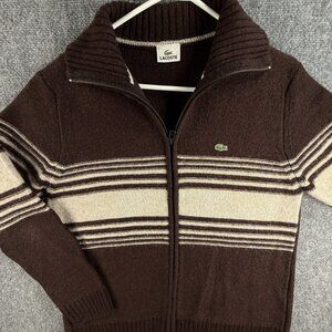 Lacoste Full Zip Knit Wool Blend Sweater Size 5 Brown Beige Striped Croc Logo